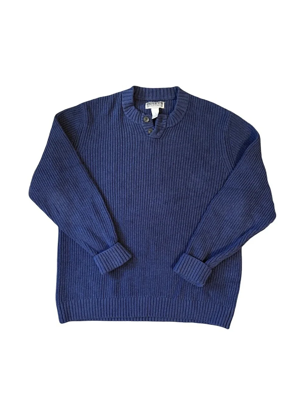 Duluth Trading Men’s Size Large Blue Knit Fisherman Sweater Cotton Henley Button
